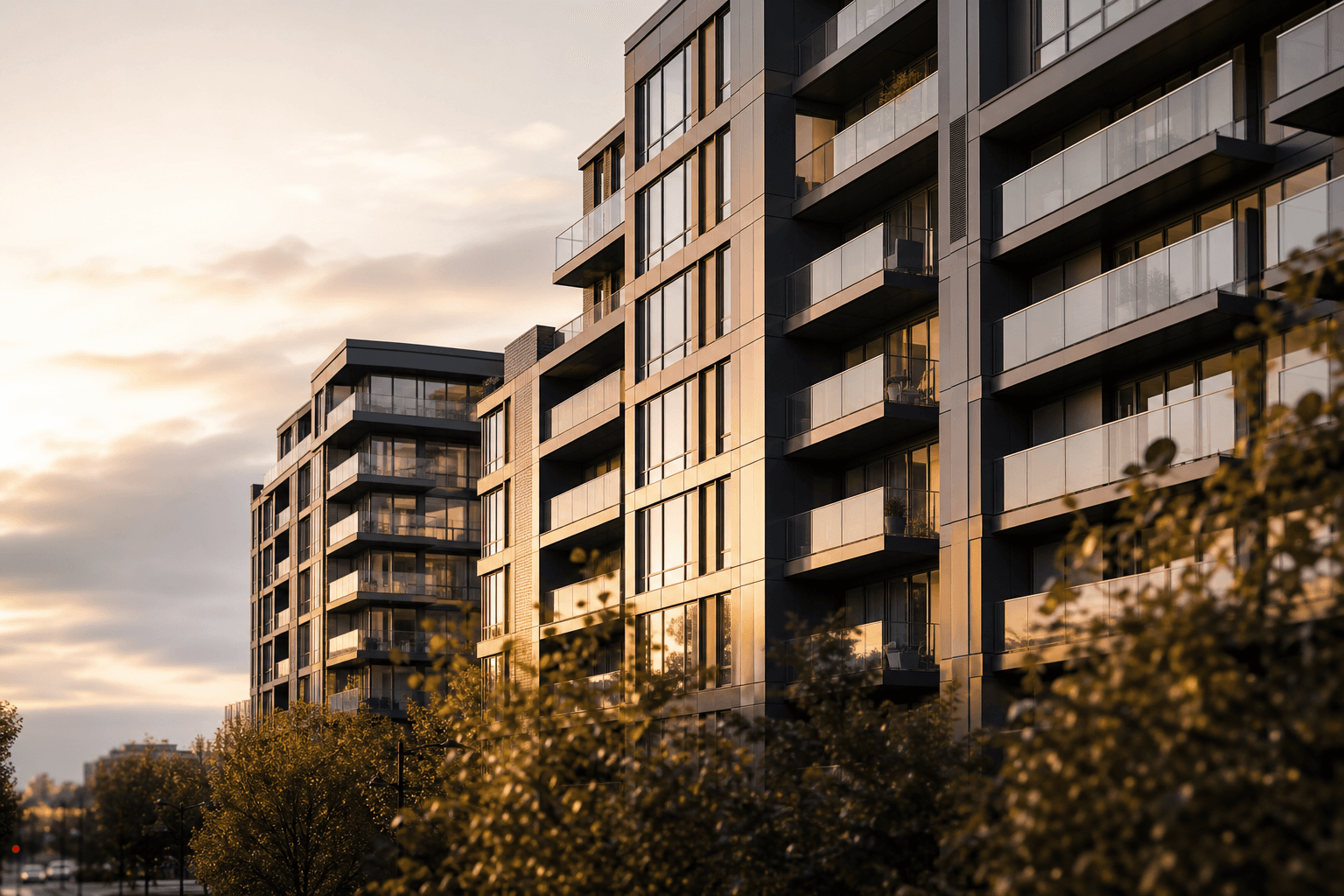 Contemporary condominium towers at golden hour with warm glass balconies and tree-lined foreground