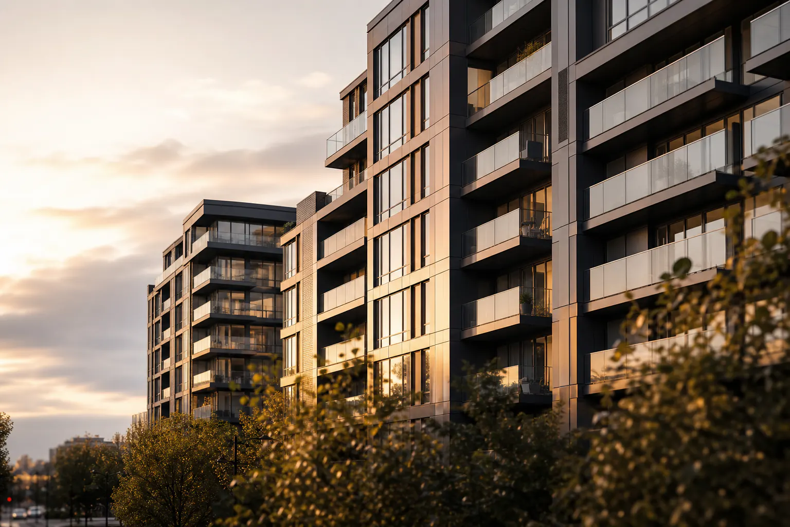 Contemporary condominium towers at golden hour with warm glass balconies and tree-lined foreground