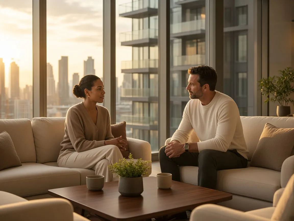 A resident and a property manager talking in a luxury condominium lounge at sunset