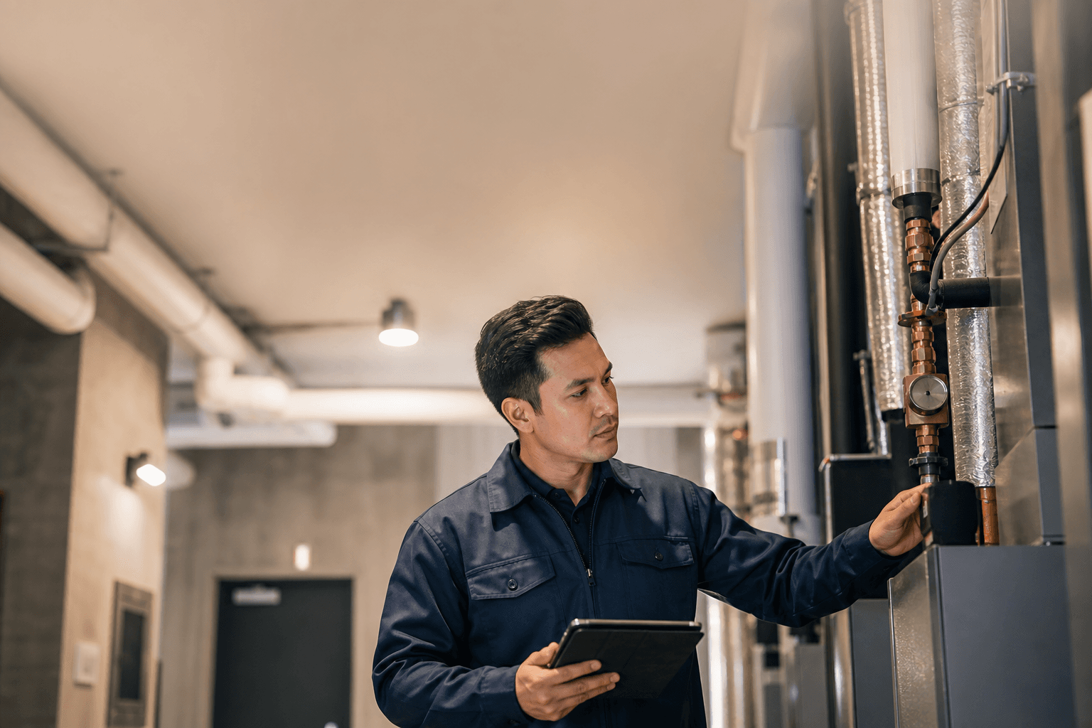 Building maintenance technician reviewing equipment in a modern condominium mechanical space
