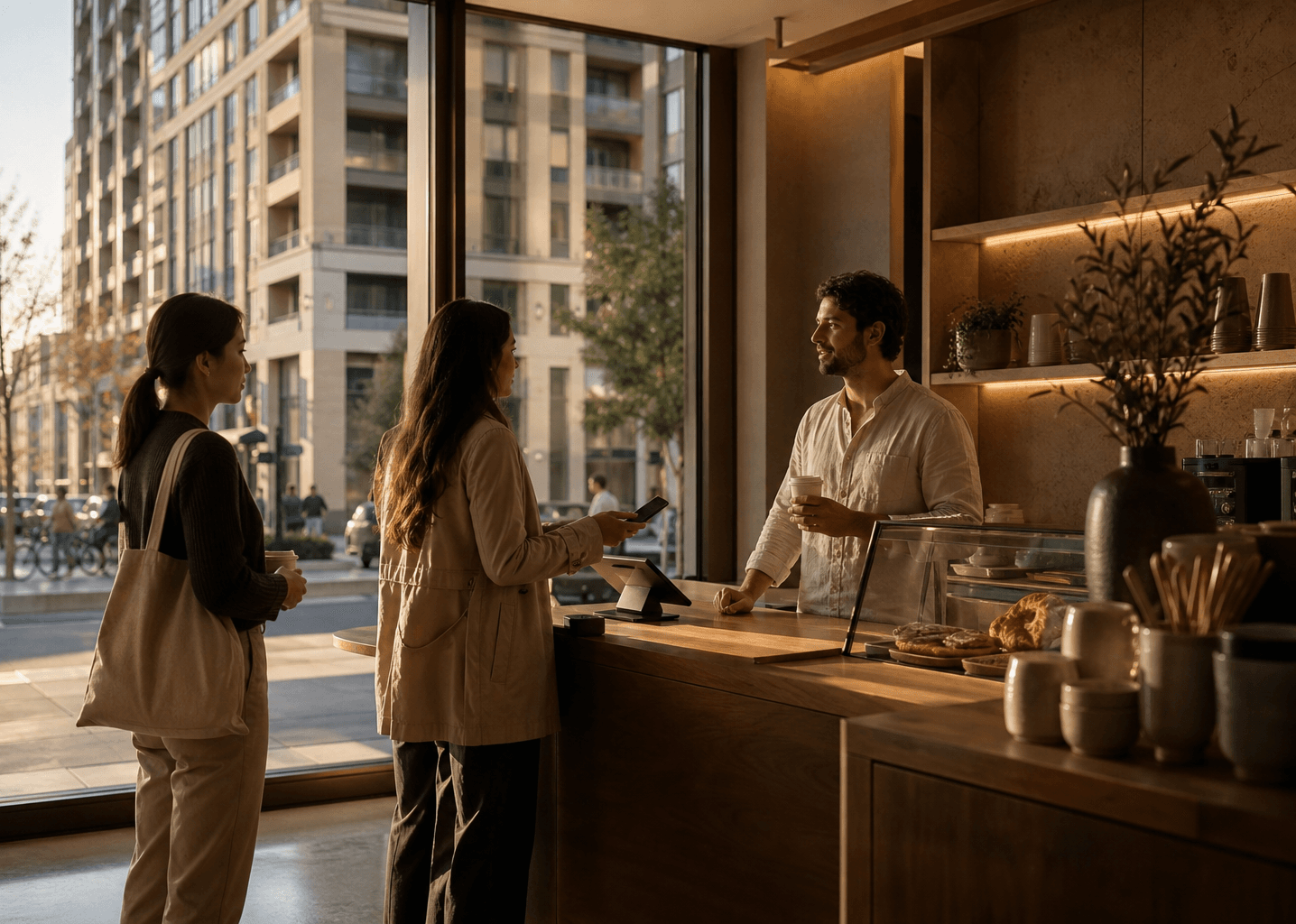 A neighbourhood business at the base of a condominium, residents using a perk in person